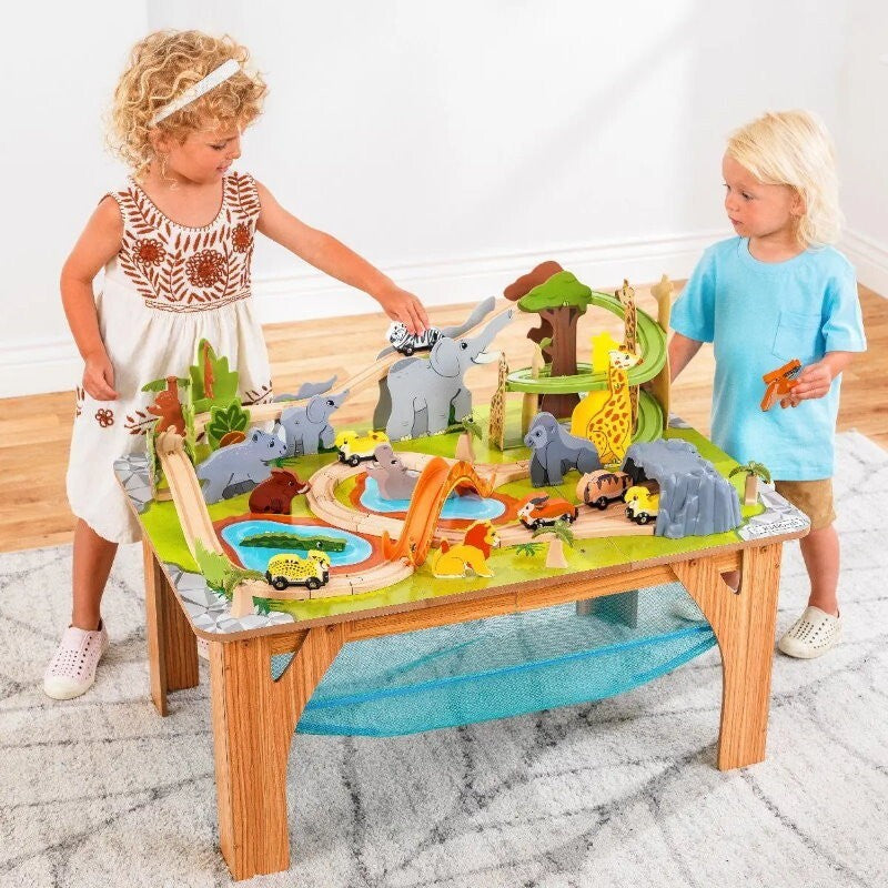 Kidkraft 52 Pcs Wooden Adventure Tracks Safari Run Play Table with Storage Net