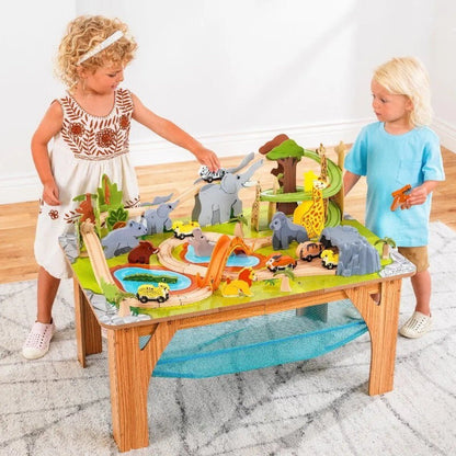 Kidkraft 52 Pcs Wooden Adventure Tracks Safari Run Play Table with Storage Net