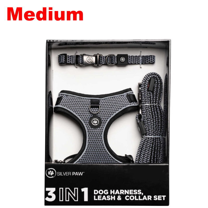 Silver Paw 3-in-1 Dog Collar, Leash & Harness Set - UV & Cold Alerts, Adjustable