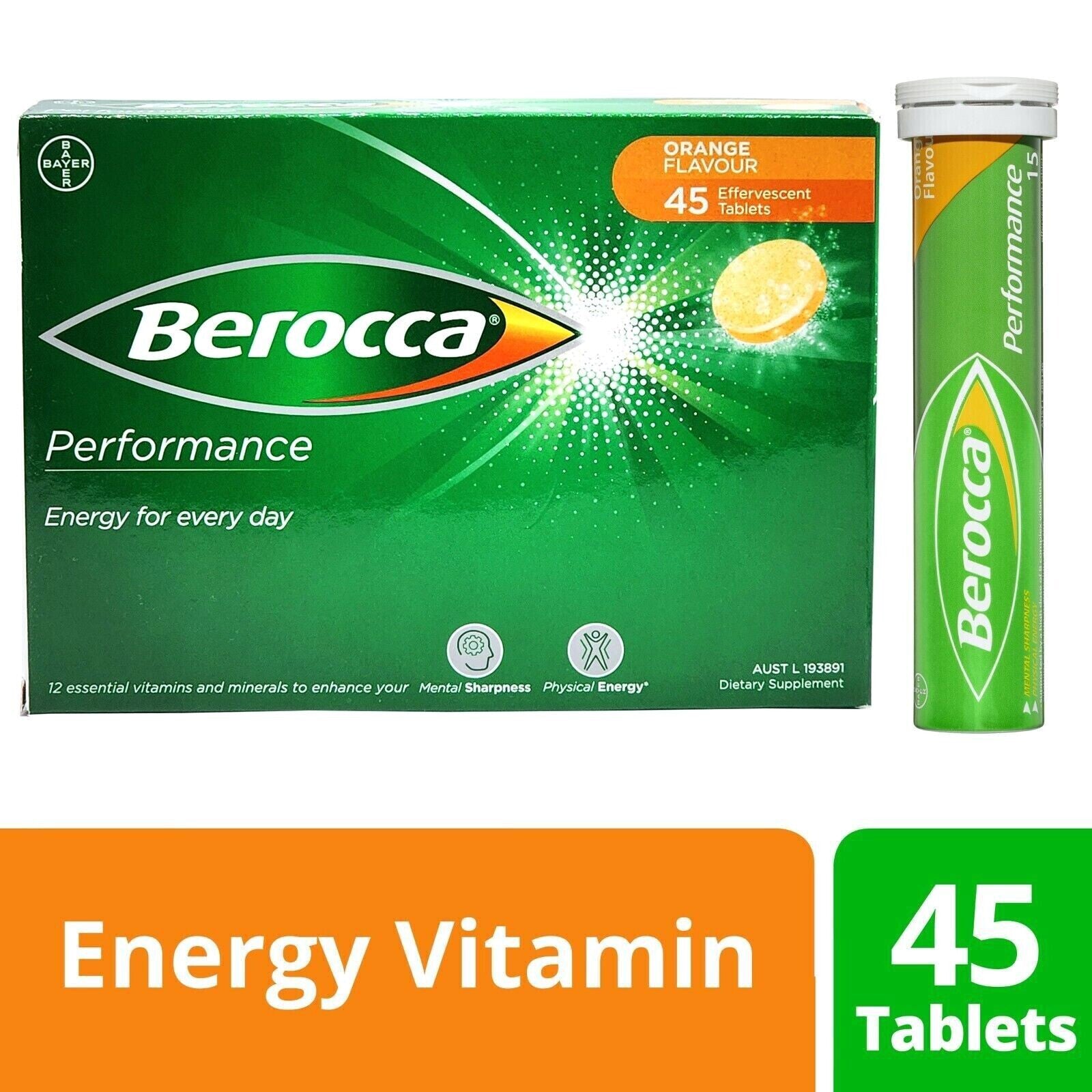 Berocca Energy Orange 12 Essential Minerals Vitamins 45 Effervescent Tablets
