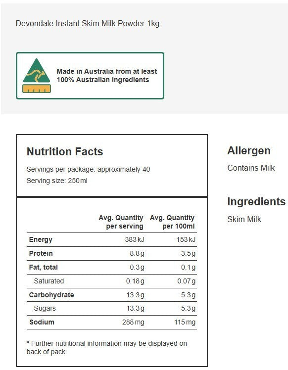 Devondale Australian Dairy Light Instant Skim Milk Powder 1kg Pouch High Calcium