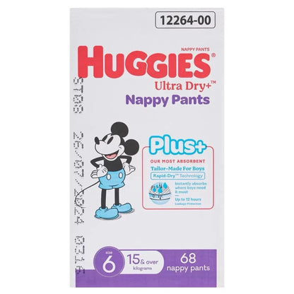 Huggies Boys  Size 6 Ultra Dry Nappy Pants Plus 68 Piece For Boys Pads 15Kg+