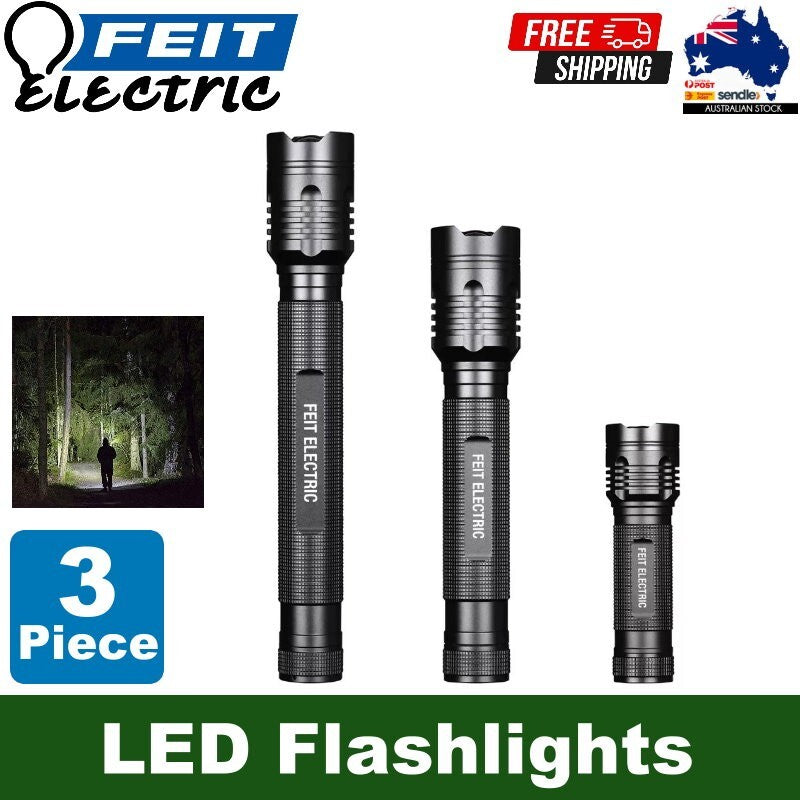 Feit 3 Piece Electric LED Flash Lights Kit Ultra Bright 1700, 1000, 500 Lumens