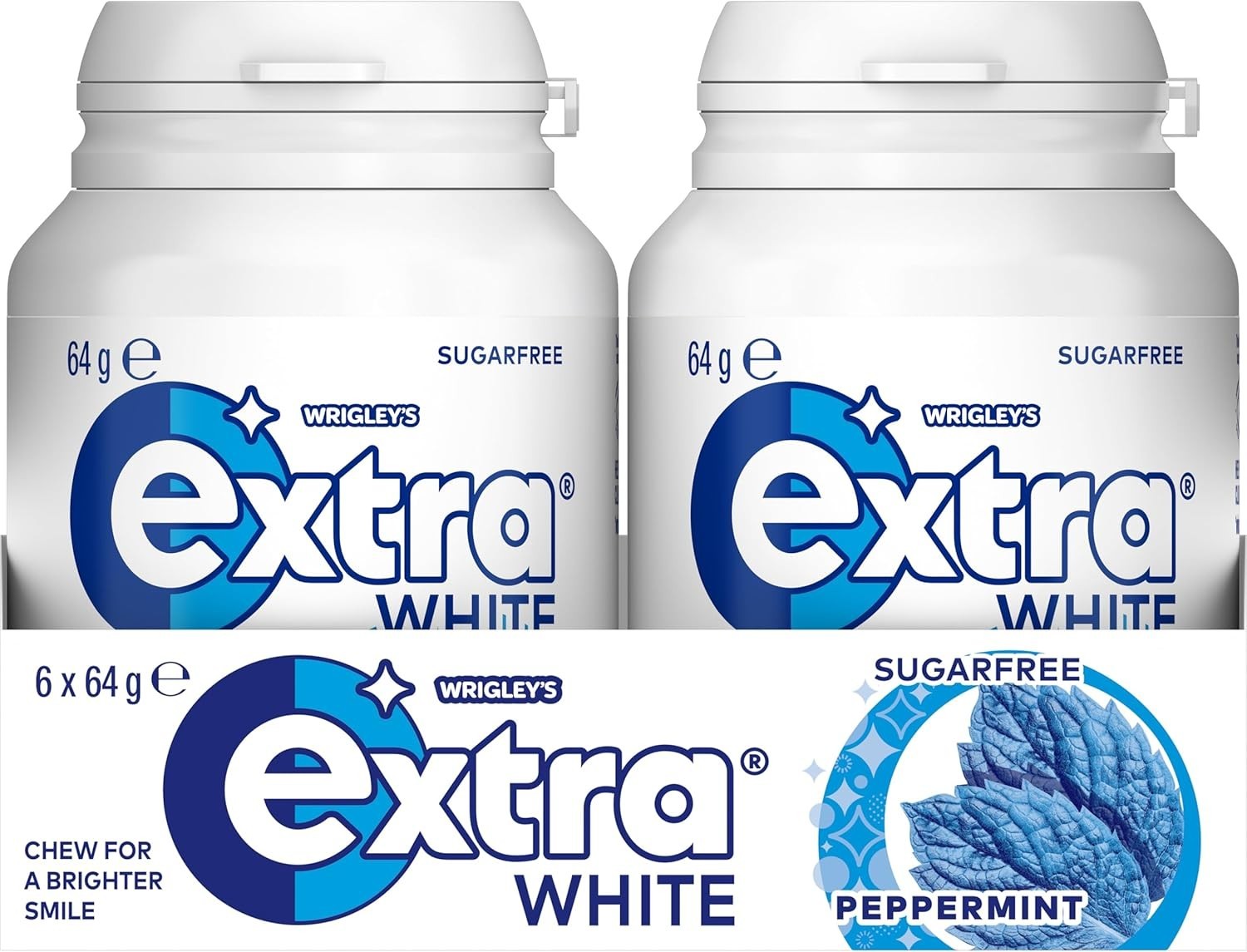 6 x 64g Wrigleys Extra White Peppermint Sugarfree Chewing Gum Fresh Mint Breath