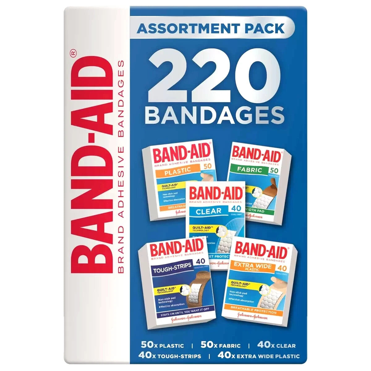 Band-Aid 220 x Assortment Plastic Extra Wide Fabric Tough Strip Adhesive Bandage