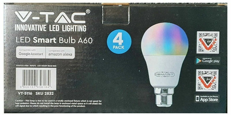 V-TAC Bluetooth Smart RGB LED Light Bulb A60 E27 or B22 - App or Voice Control