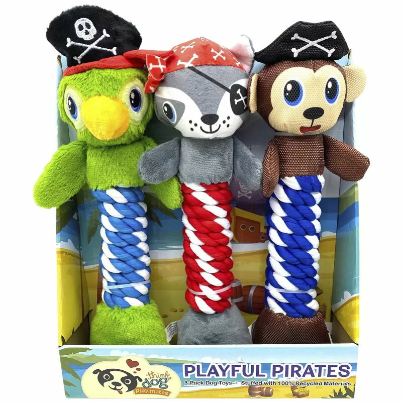 3-Pack Think Dog Playmates Playful Pirates Dog Toys 28cm Tall w/ Sounds, Natural