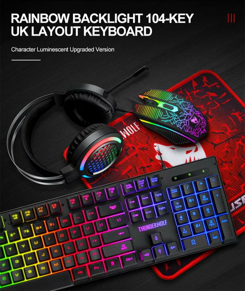 T-Wolf TF-400 4-in-1 Gaming Kit LED Backlit Gaming Keyboard Headset Mouse Pad