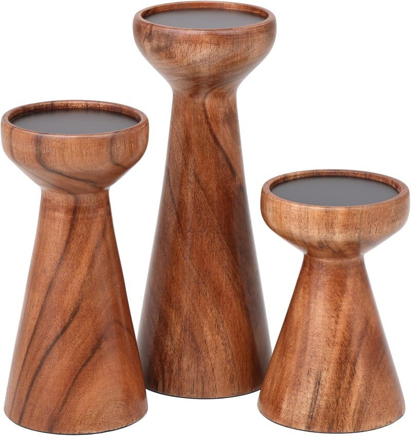 BIRDROCK HOME 3pc Flare Candleholders Gift Set Farmhouse Wooden Candle Holders