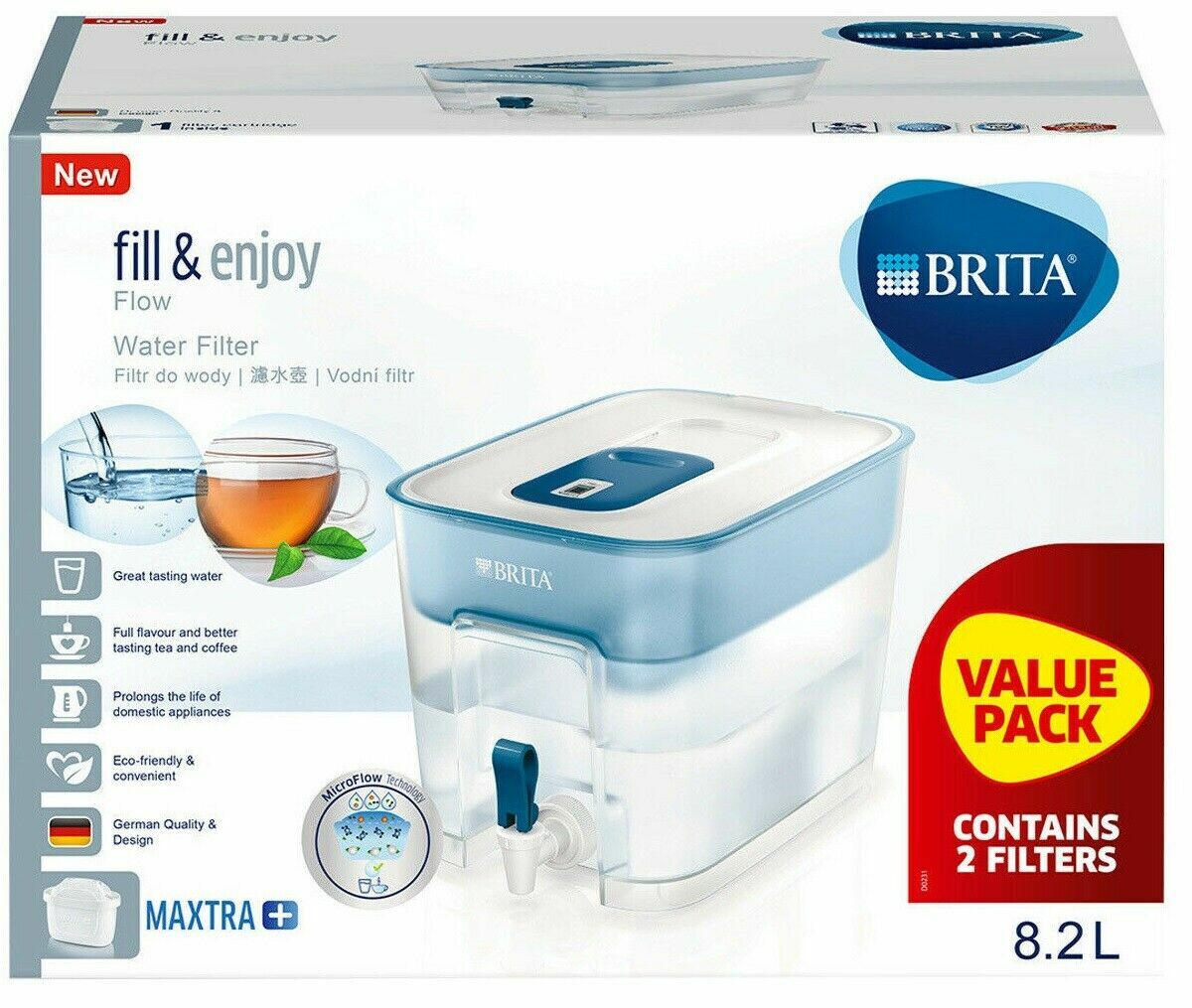 Brita Flow Cask + 2 Maxtra+ Filter cartridge Water Purification Filter 8.2L Set