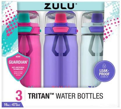 ZULU 3-Pack Kids Flex Tritan Water Bottle Set 16 oz / 473 ml for Boys or Girls