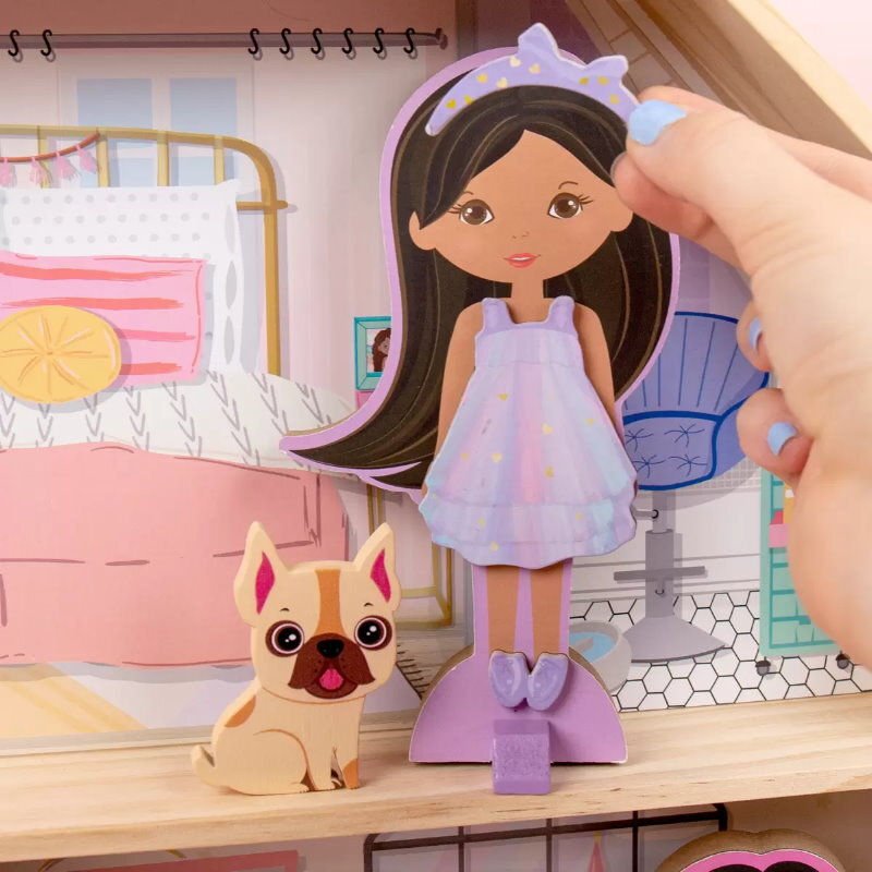 Story Magic Wooden Dress-Up Dolls Assortment -Dollhouse, 10 Figurines, 80 Magnet