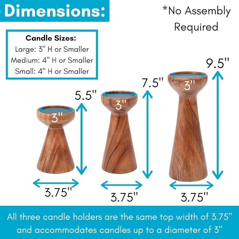 BIRDROCK HOME 3pc Flare Candleholders Gift Set Farmhouse Wooden Candle Holders