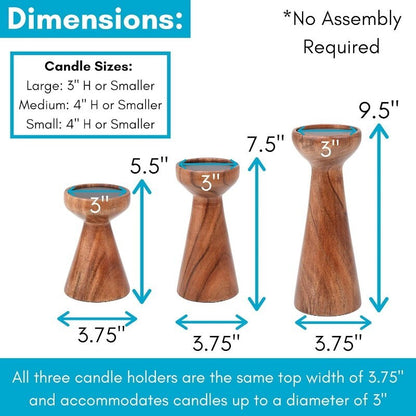 BIRDROCK HOME 3pc Flare Candleholders Gift Set Farmhouse Wooden Candle Holders