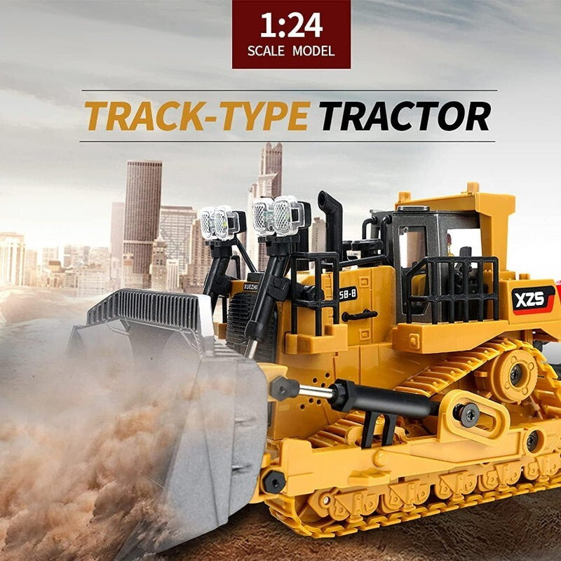 XZS 1:24 360° Rotation 9CH 2.4G RC Bulldozer Toy w/ Sound, Light, Alloy Bucket