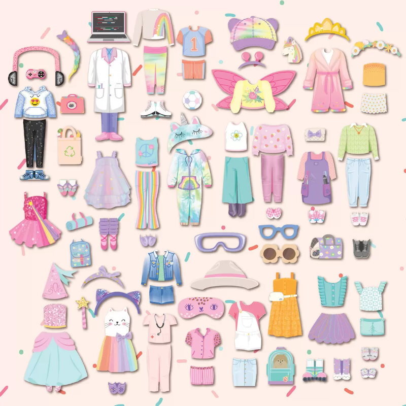 Story Magic Wooden Dress-Up Dolls Assortment -Dollhouse, 10 Figurines, 80 Magnet