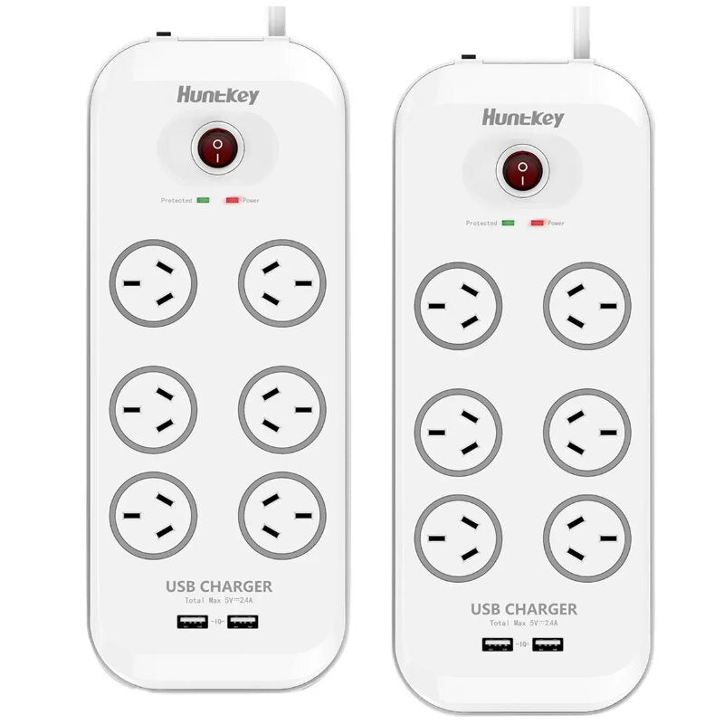 Huntkey AU 6 Way Outlets Powerboard w/ 2 USB Port & Surge Protection Heavy Duty
