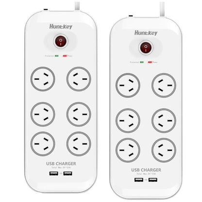 Huntkey AU 6 Way Outlets Powerboard w/ 2 USB Port & Surge Protection Heavy Duty