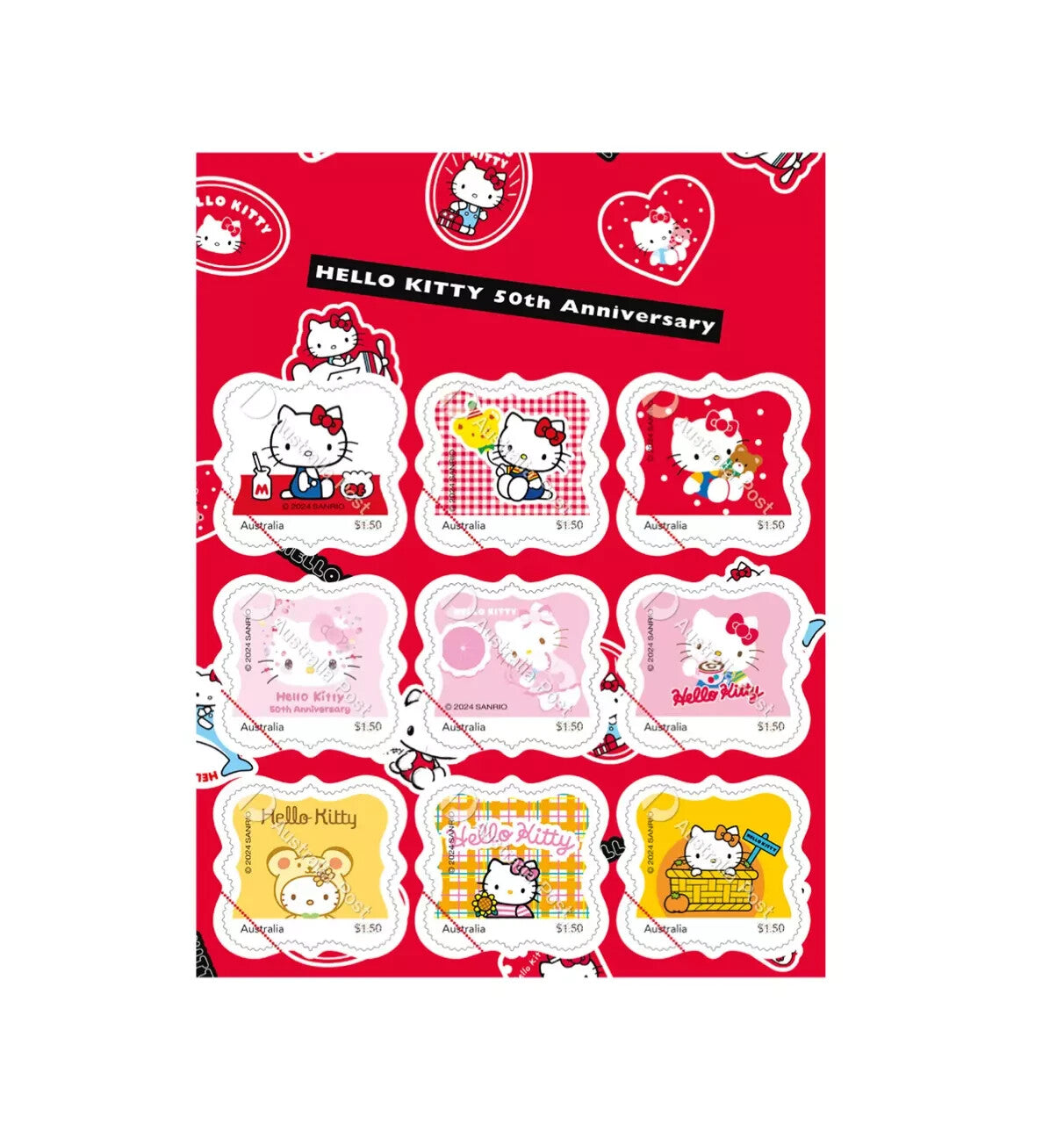Hello Kitty 50th Anniversary Stamp Pack 10 x $1.5 - 2024 Christmas Edition Rare