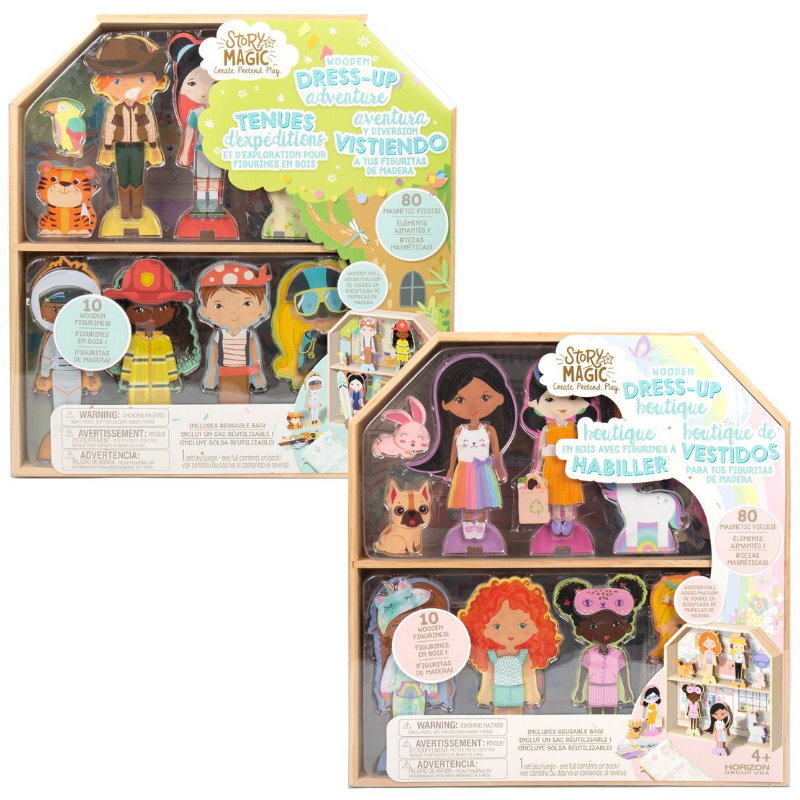 Story Magic Wooden Dress-Up Dolls Assortment -Dollhouse, 10 Figurines, 80 Magnet