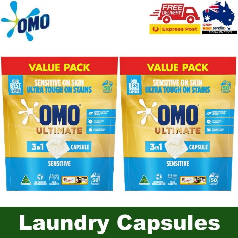 OMO Ultimate 3 in 1 Laundry Liquid Capsules Detergent Sensitive 50 or 100 Washes