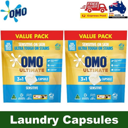 OMO Ultimate 3 in 1 Laundry Liquid Capsules Detergent Sensitive 50 or 100 Washes