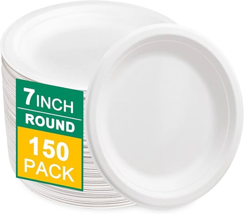 iECO 150-Pack 7" (18cm) Round White Bagasse Disposable Paper Plates Compostable