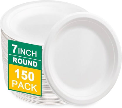 iECO 150-Pack 7" (18cm) Round White Bagasse Disposable Paper Plates Compostable