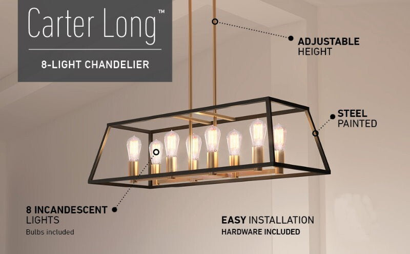 Artika Carter Long 8 Light Chandelier Matte Black, Adjustable Height