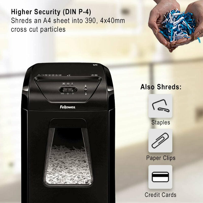 Fellowes Powershred 12C Commericial Cross-Cut Paper Shredder 19L 2mpm SafetyLock