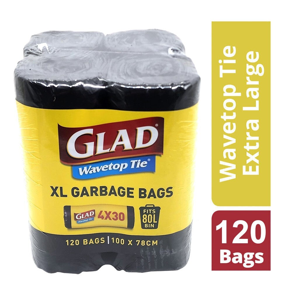 Glad 120 Kitchen Tidy Bag Extra Large Wavetop Tie Garbage Bags XL 80L 78 x 101cm