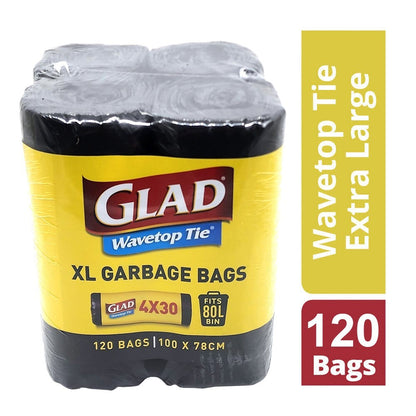 Glad 120 Kitchen Tidy Bag Extra Large Wavetop Tie Garbage Bags XL 80L 78 x 101cm