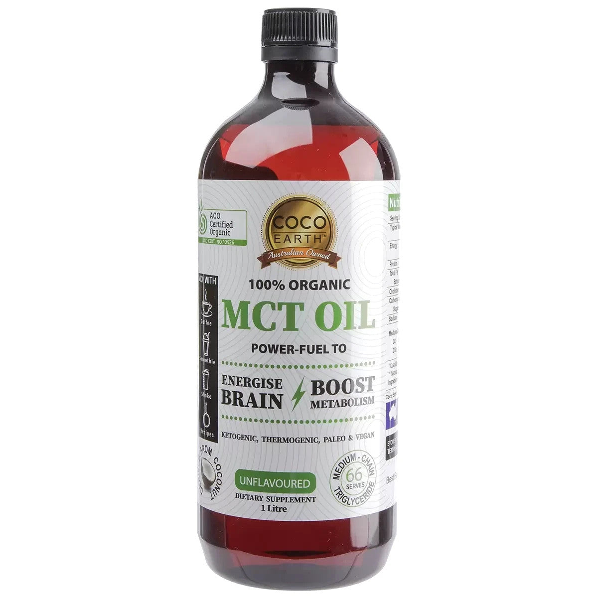 Coco Earth 1L Organic MCT Oil Unflavoured Boost Metabolism Non GMO Gluten Free