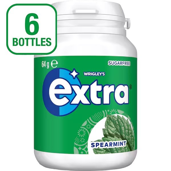 6 x 64g Bottle Wrigleys Extra Spearmint Sugarfree Chewing Gum Fresh Mint Breath