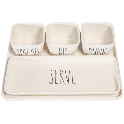 Rae Dunn Artisan 5 Piece White Ceramic Nesting Serving Tray Dip Bowl Serving Set
