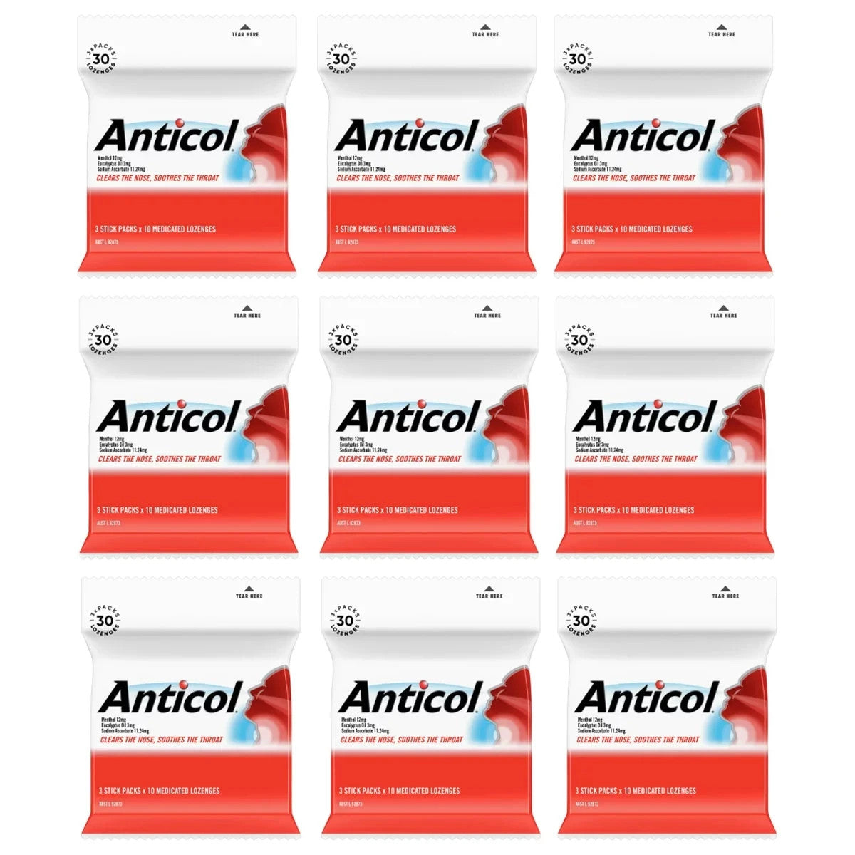 9 x 30 Nestle Anticol Medicated Soothes Throat Cough Lozenges Clear Nose 1.2kg