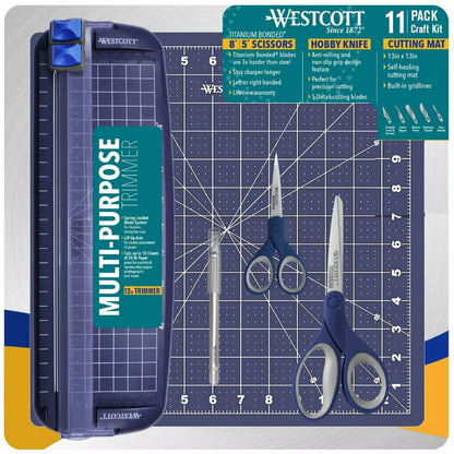 Westcott 11-Piece Craft Kit - Trimmer, Cutting Mat, Scissors, Hobby Knife Blades