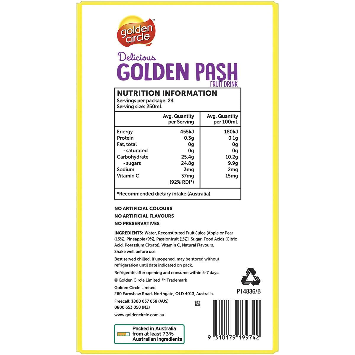 24 x 250mL Golden Circle Kids Fruit Drink Lunch Box Popper Multipack Golden Pash