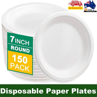 iECO 150-Pack 7" (18cm) Round White Bagasse Disposable Paper Plates Compostable