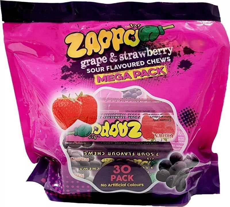 Zappo 30-Pack Grape & Strawberry Sour Flavoured Chews Lollies Mega Pack 870g