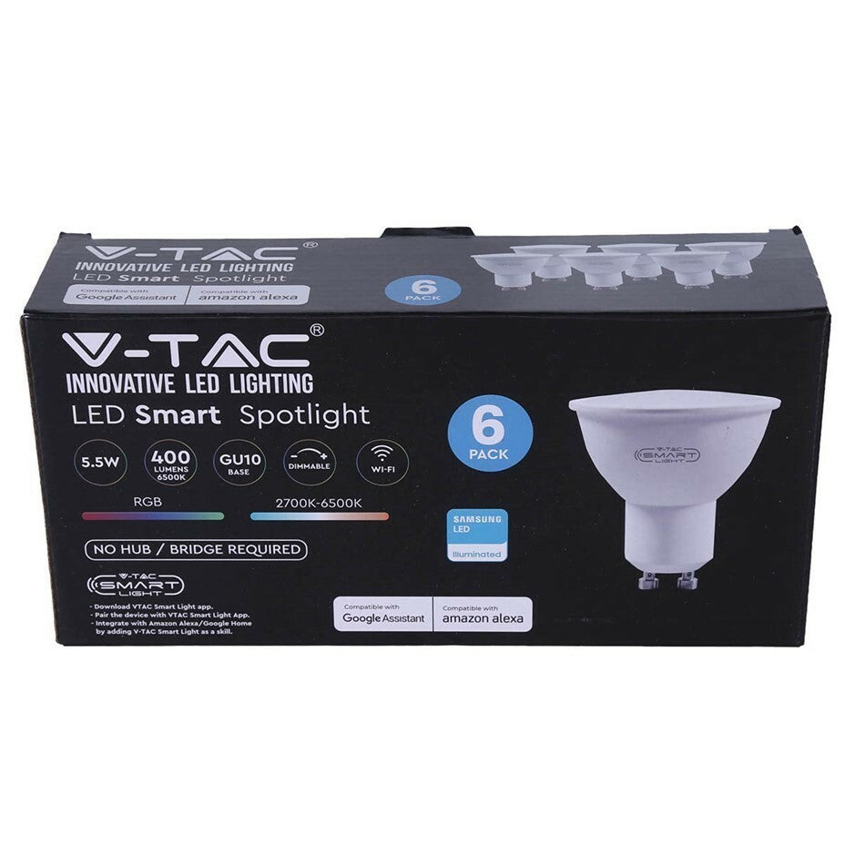 6-Pack V-TAC GU10 WiFi LED SMART Spotlight RGB 5.5Watt -Alexa & Google Assistant