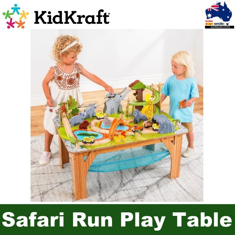 Kidkraft 52 Pcs Wooden Adventure Tracks Safari Run Play Table with Storage Net