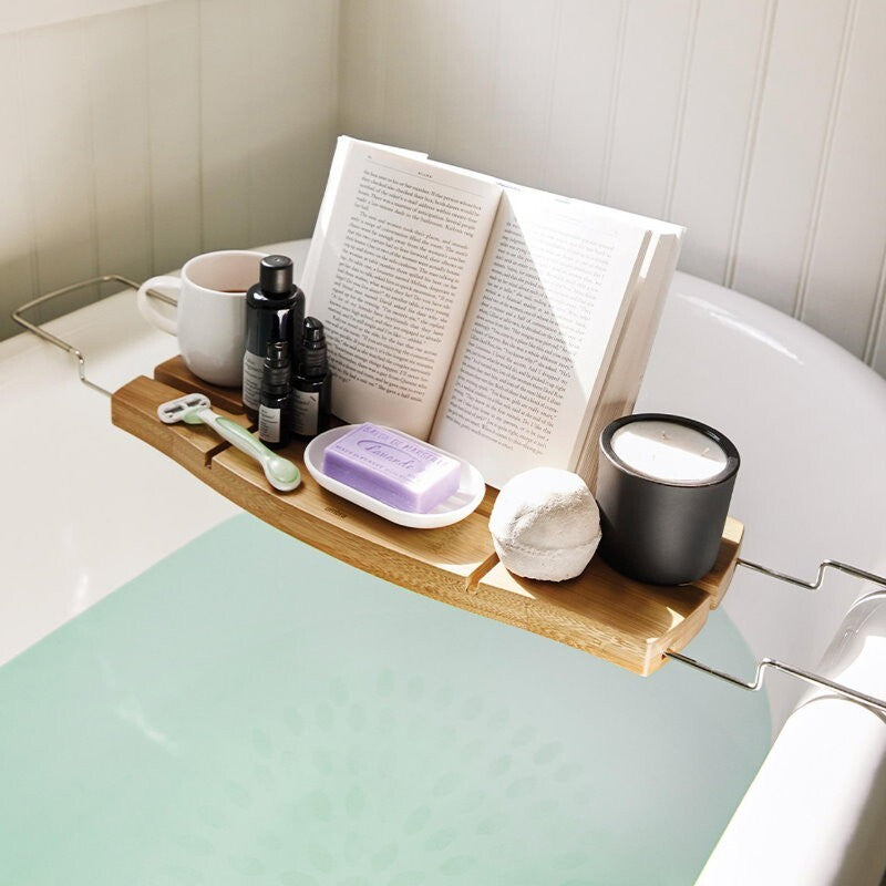 Umbra Aquala Bamboo Extendable Bath Tub Caddy Wine Glass Ipad Book Holder