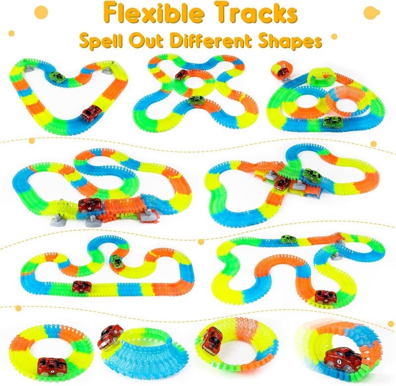 QWZ 165 pcs Glow Race Tracks Flex & Glow in The Dark Race Car Tracks for Kids