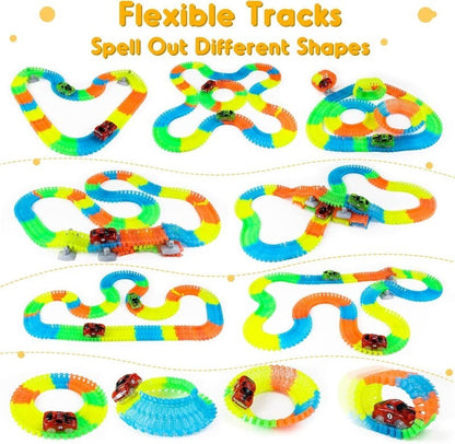QWZ 165 pcs Glow Race Tracks Flex & Glow in The Dark Race Car Tracks for Kids