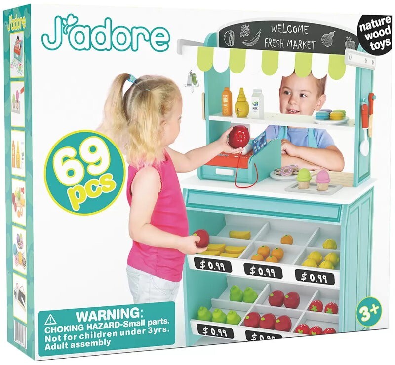 J'adore 69 Pieces Wooden Grocery Market Fresh Market Fruit Stand w/ Accessories