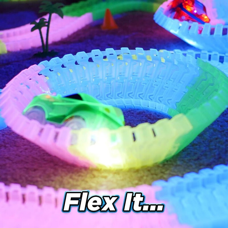 QWZ 165 pcs Glow Race Tracks Flex & Glow in The Dark Race Car Tracks for Kids