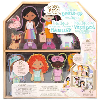Story Magic Wooden Dress-Up Dolls Assortment -Dollhouse, 10 Figurines, 80 Magnet