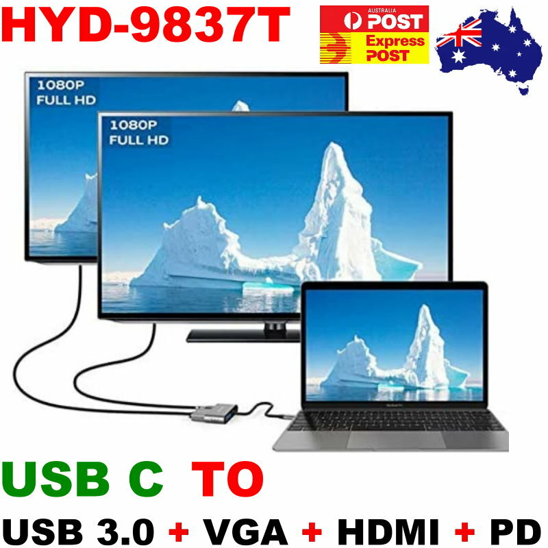 HYD-9837T 4-In-1 Type C USB Adapter Hub w/ HDMI, VGA, USB 3.0, PD 87W Charging