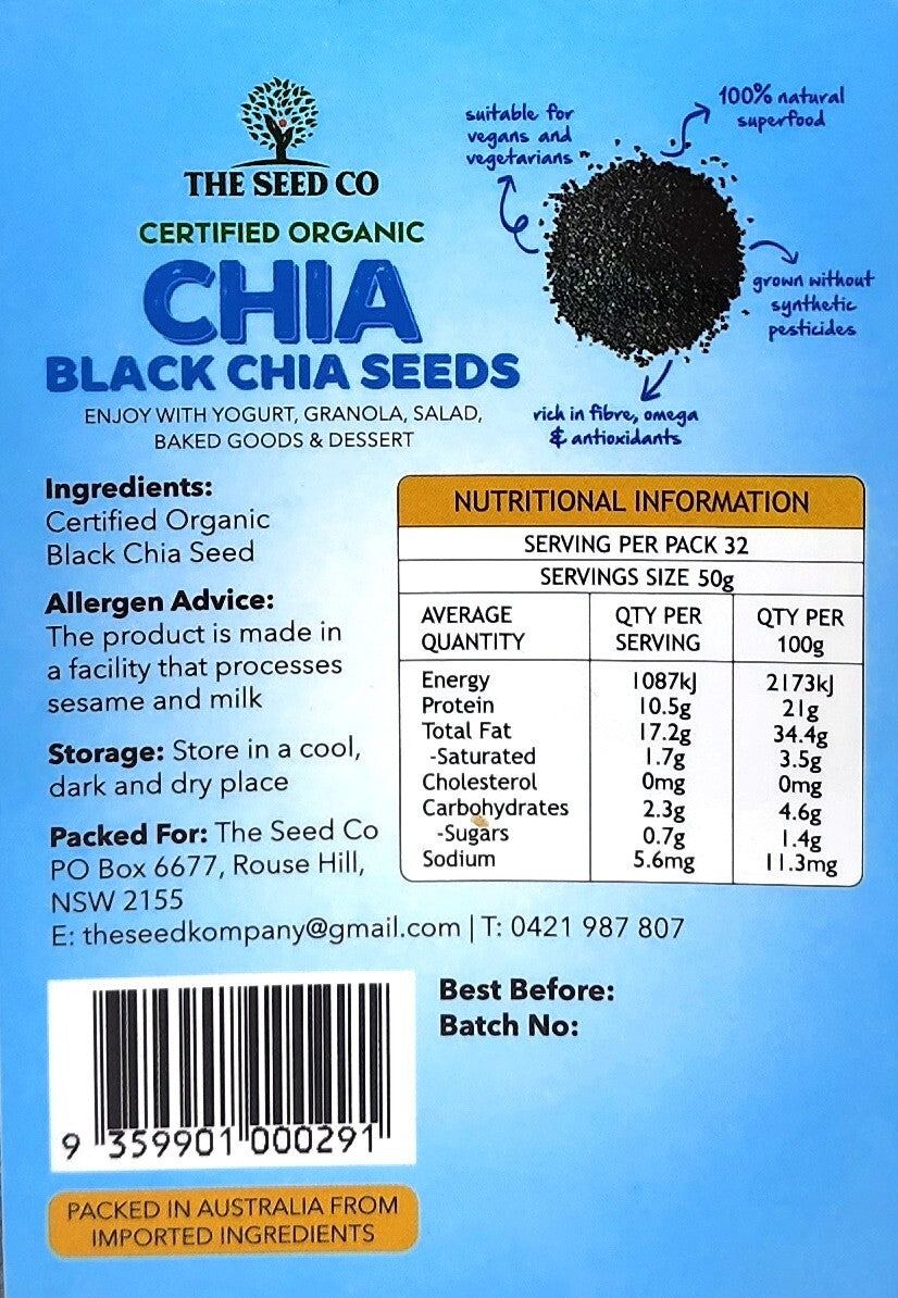 1.6kg Black Chia Seeds Vegan Gluten GMO Free XSC Certified Organic Superfood